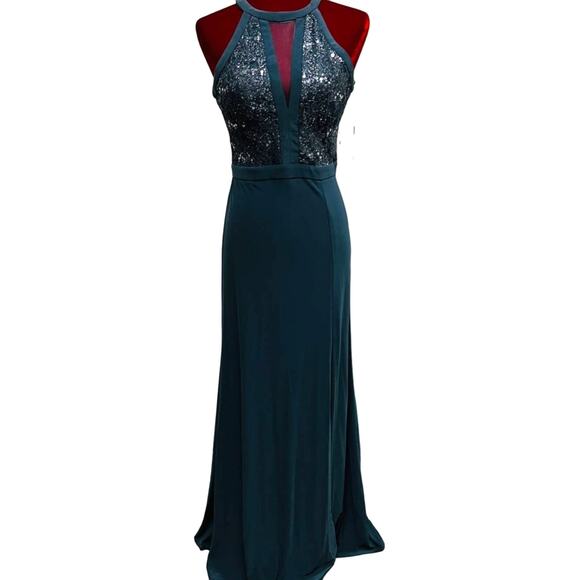 NW NIGHTWAY 6 M charcoal gray halter sleeveless lace sequin maxi dress NWT b25 - Picture 1 of 9